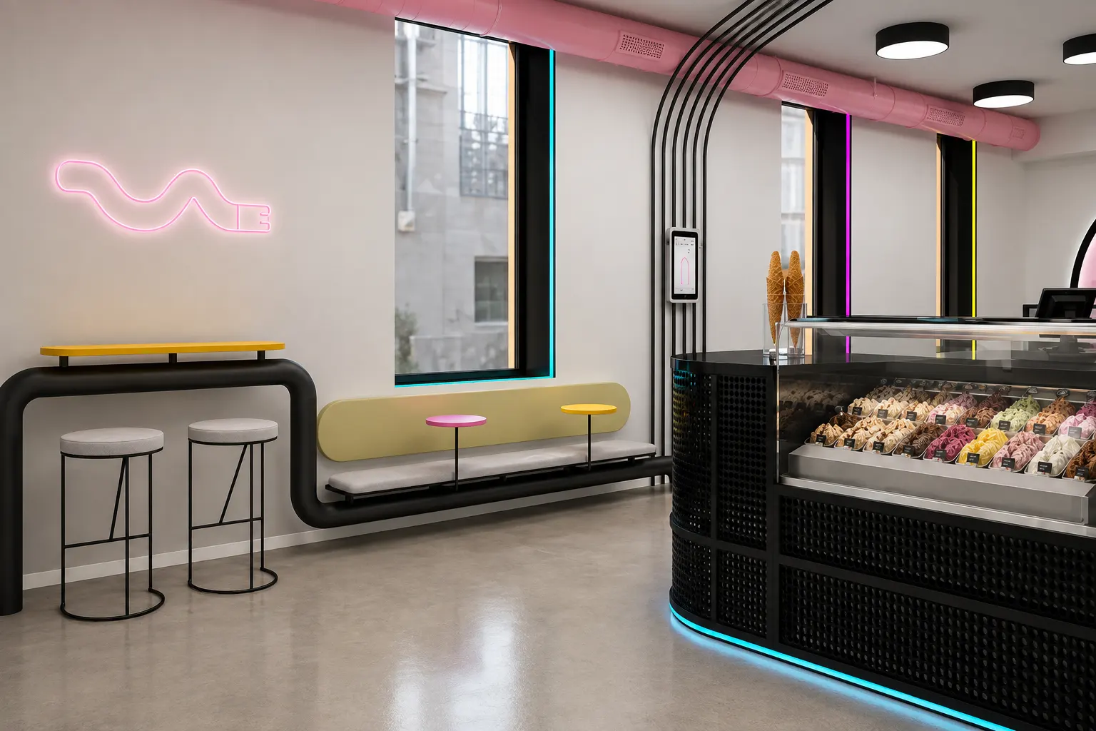 Render 3D de la zona de mesas de Pops'n Bops con papelera tubular negra integrada, neón rosa decorativo y mostrador de helados con vitrina de sabores