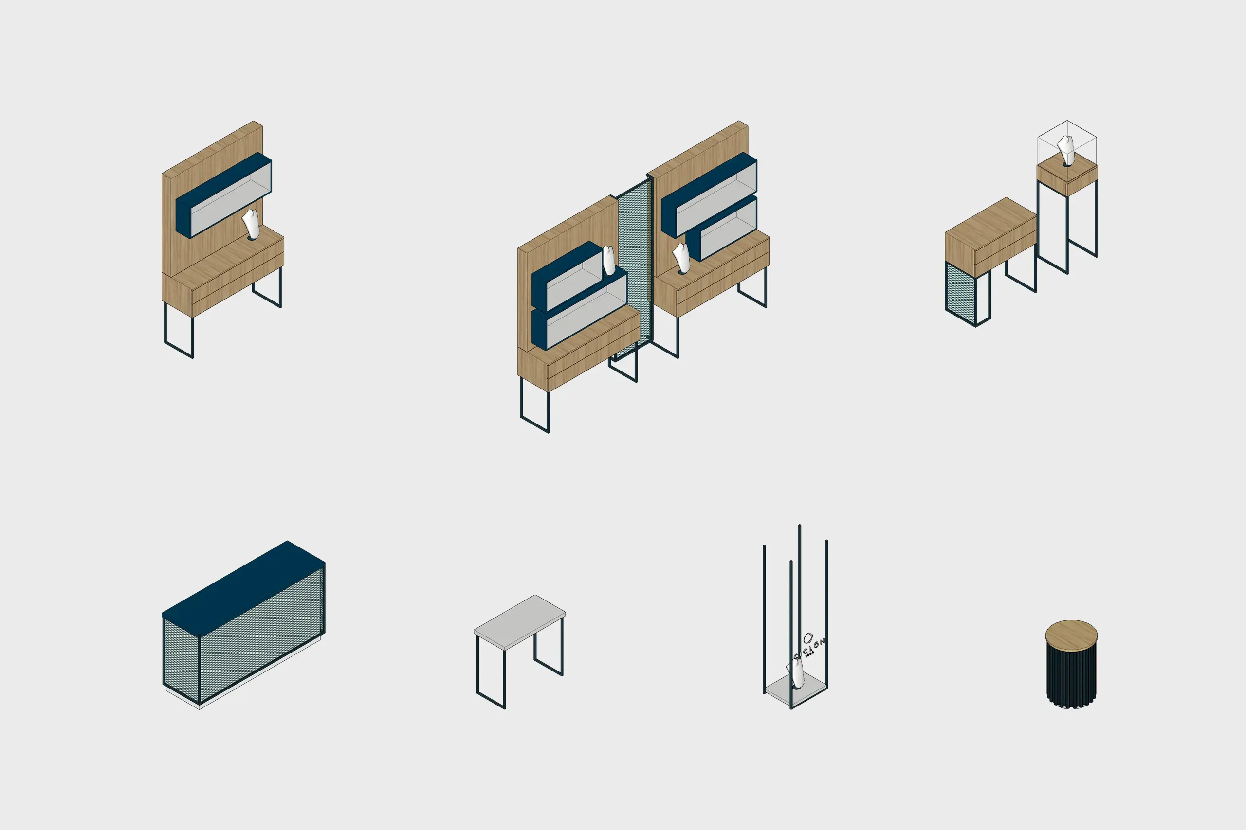 Bocetos isométricos del mobiliario a medida diseñado por huuun para Ciclón
