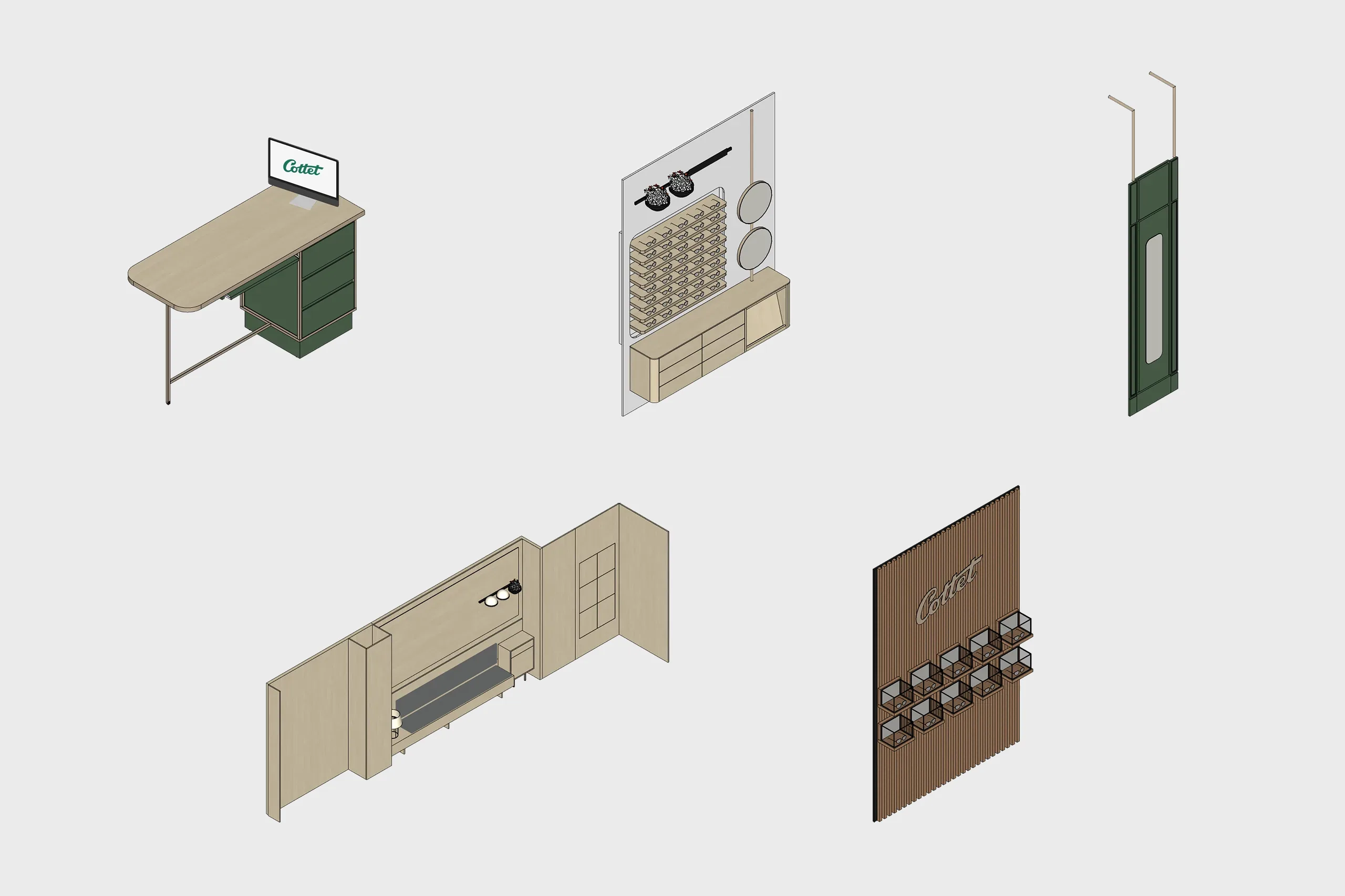 Renders 3D del mobiliario a medida diseñado por huuun para Cottet: mostrador de atención, panel expositor de gafas con espejos, cabina insonorizada y panel acanalado con vitrinas