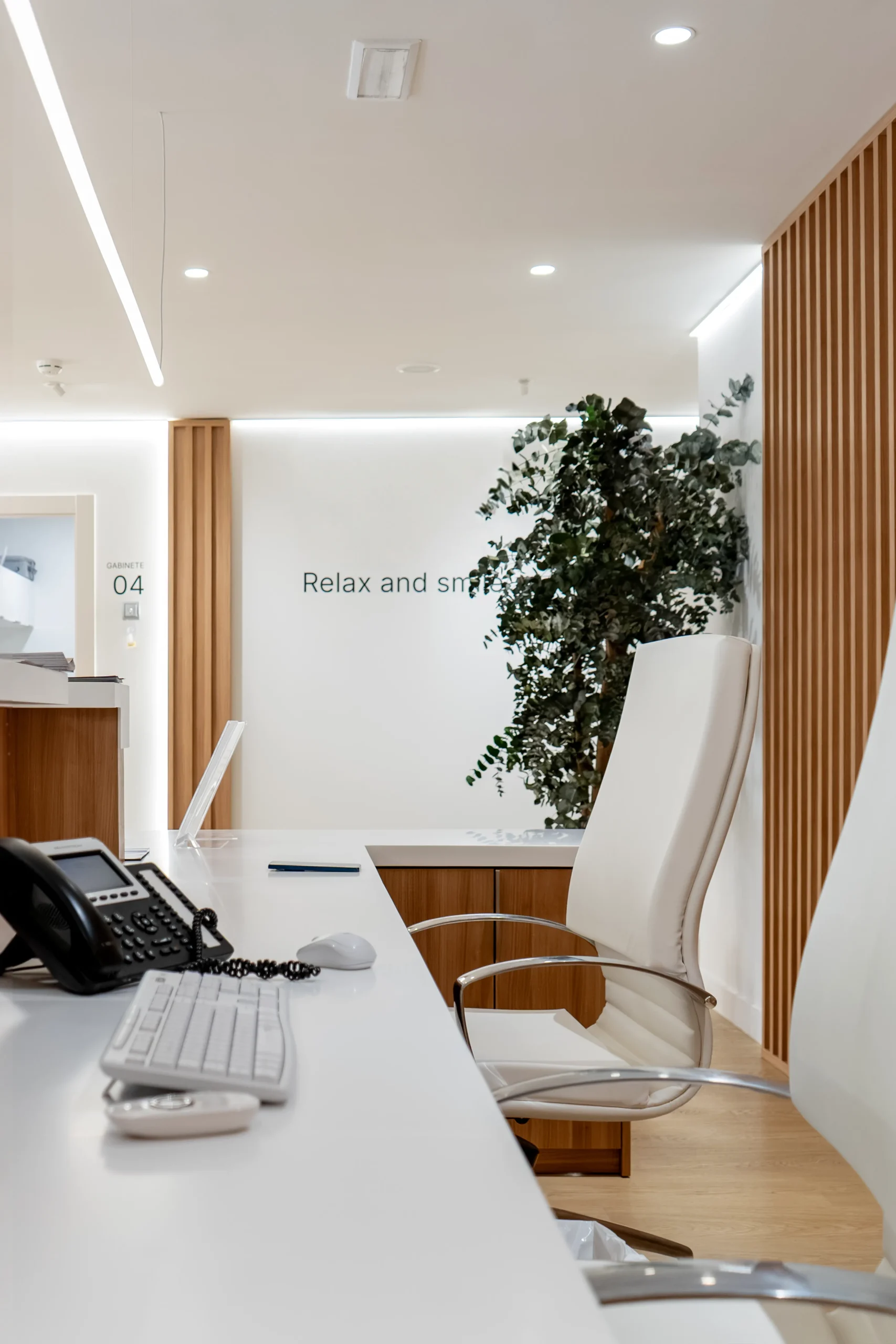 Puesto de recepción de Dentalios con la pared rotulada «Relax and smile», vegetación natural, celosía de madera y acceso al Gabinete 04