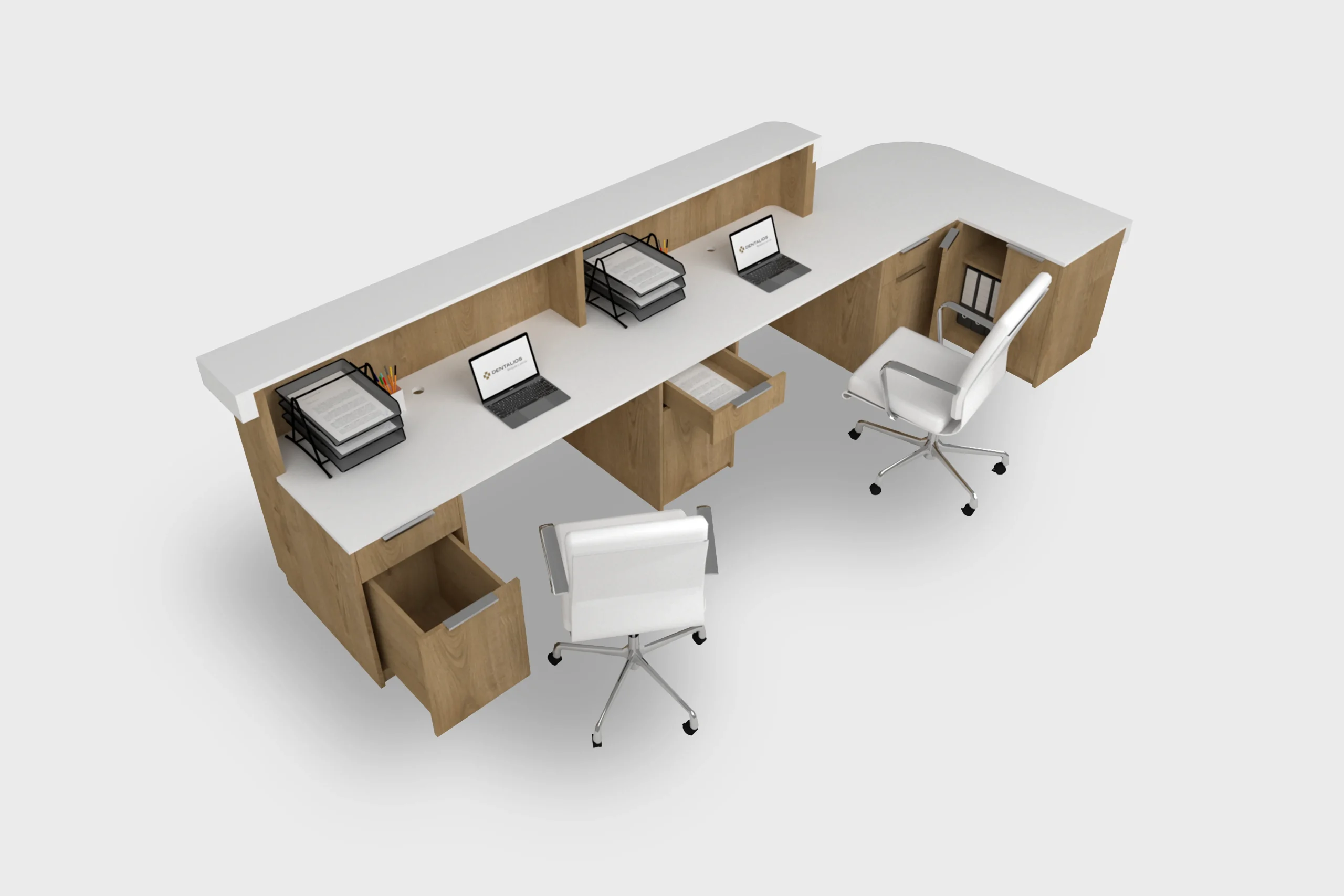 Render 3D del mostrador de recepción a medida de Dentalios, revestido en madera y blanco, con doble puesto de atención y sillones giratorios