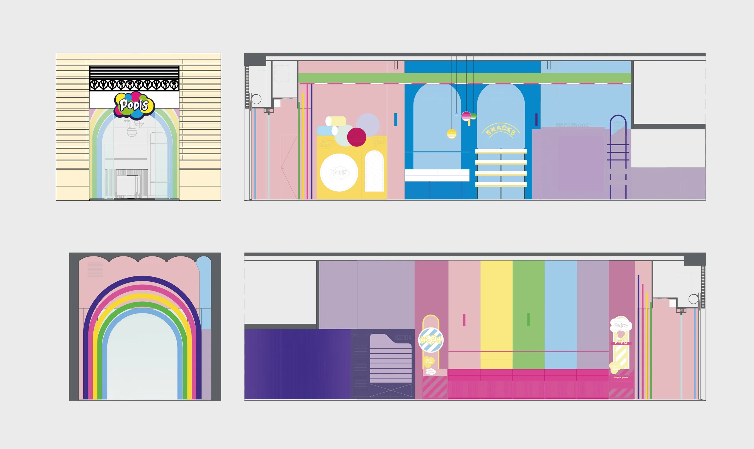 Composición de alzados del diseño de POPIS en Valencia: fachada con arco multicolor, pared de accesos en tonos azules con zona de snacks, detalle del arco de entrada y panel de color en la zona de mostrador