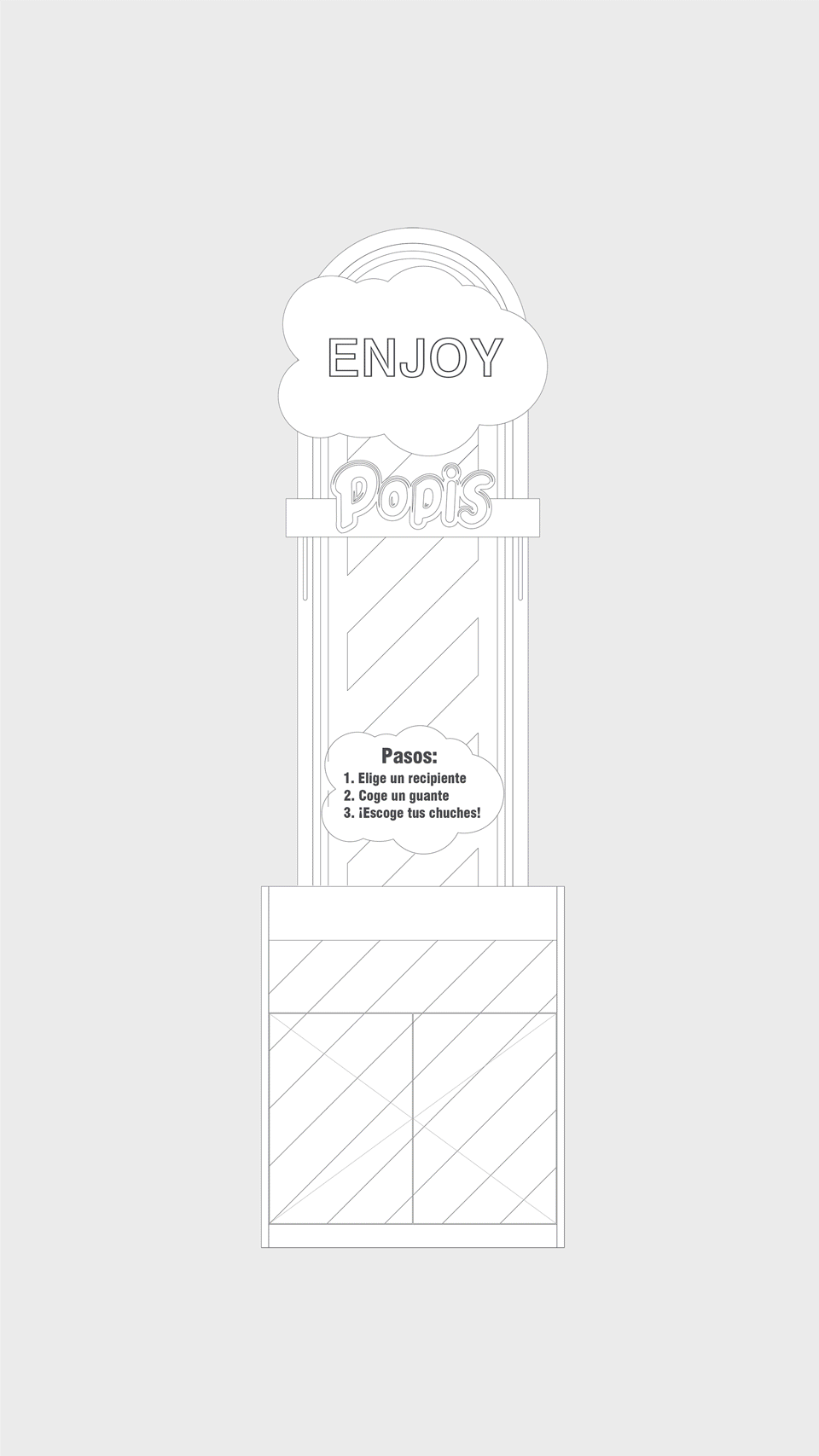 Wireframe técnico del mueble a medida de POPIS Valencia, con el panel «Enjoy Popis», el arco de neón y el módulo de mostrador inferior