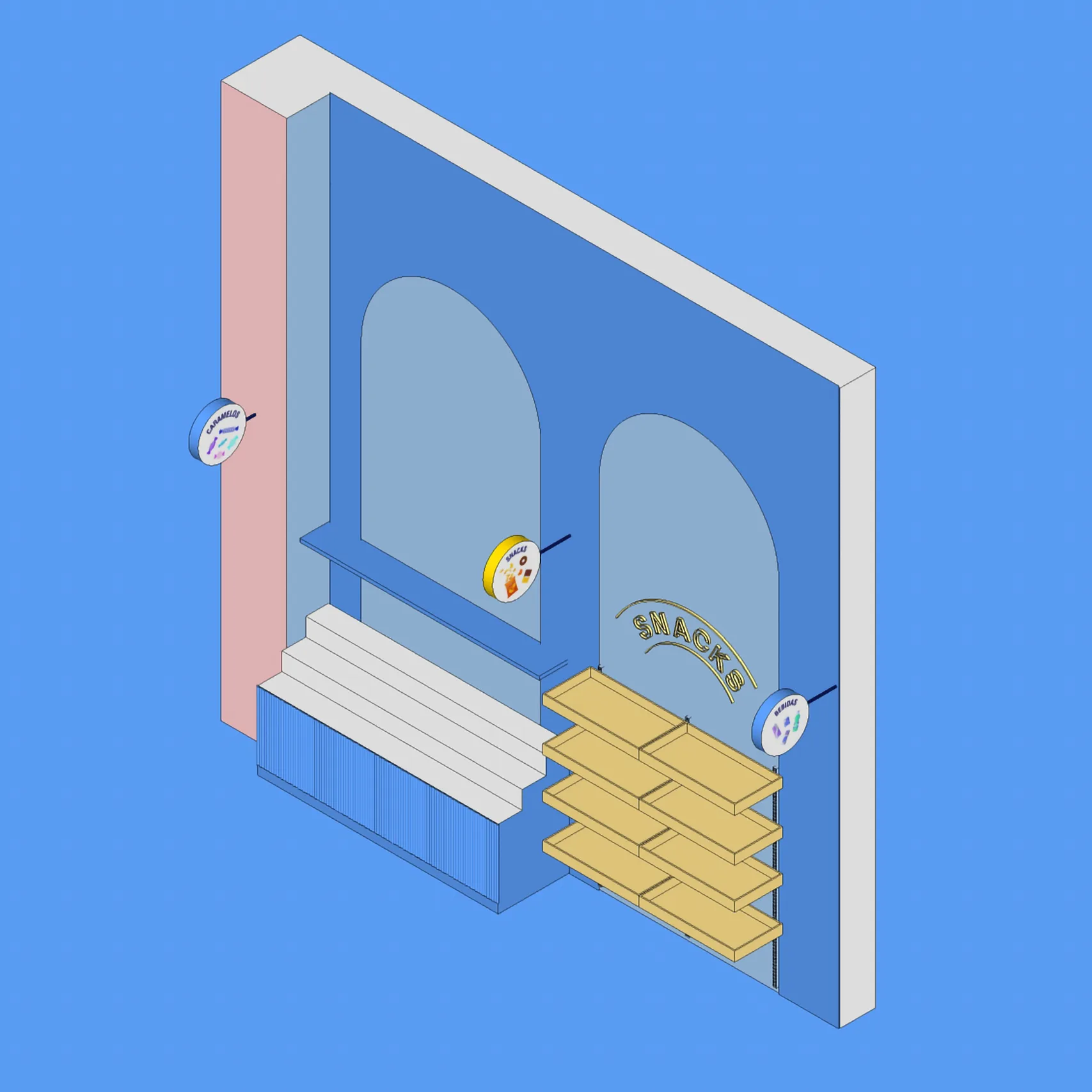 Render 3D de detalle de la zona de snacks de POPIS en Valencia, con dos arcos azules rotulados «Snacks» y «Bebidas», estantería en madera clara y pared rosa contrastando con el azul