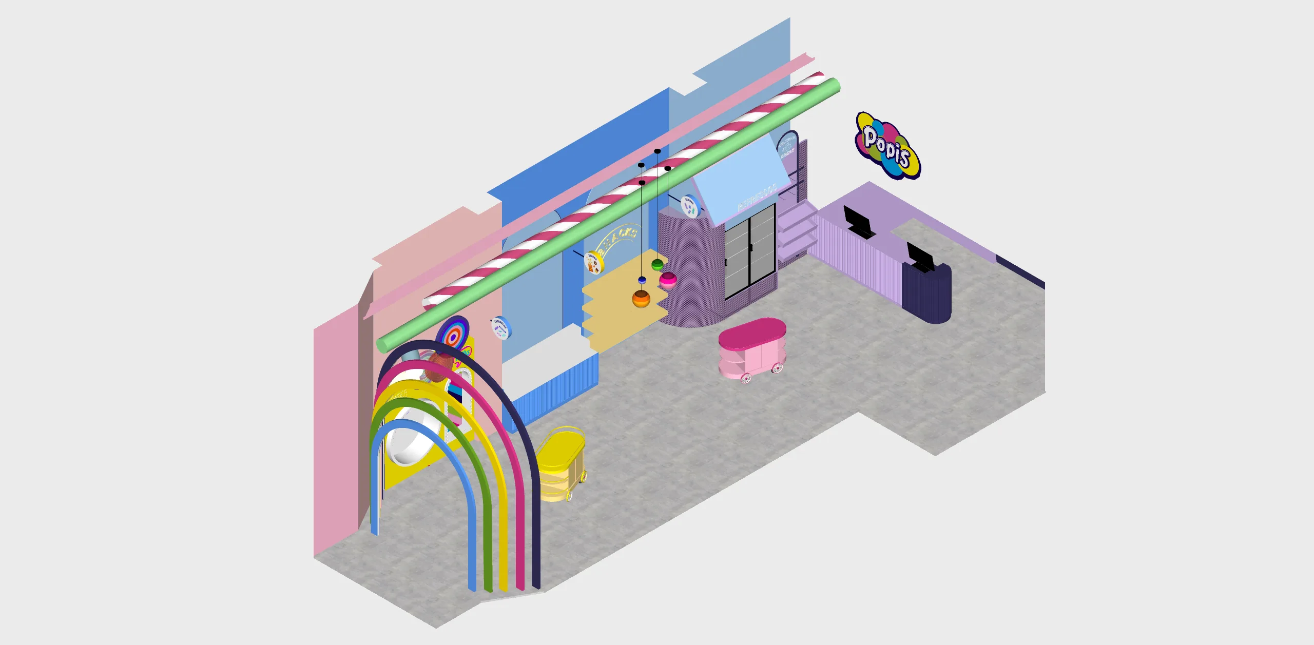 Render 3D isométrico del diseño de la tienda POPIS en Valencia, con arco multicolor de acceso, barra decorativa en forma de caramelo, mostrador y logotipo de la marca