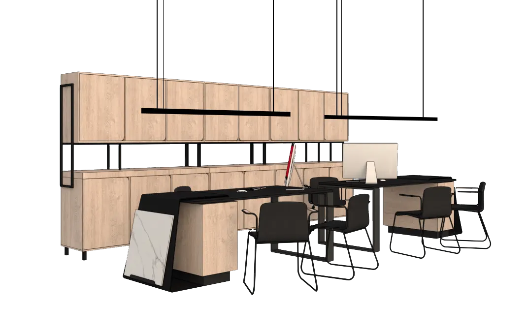 Render 3D de un puesto de venta con mueble de madera, panel de muestra en mármol y pantallas digitales para la flagship de SALONI en Madrid