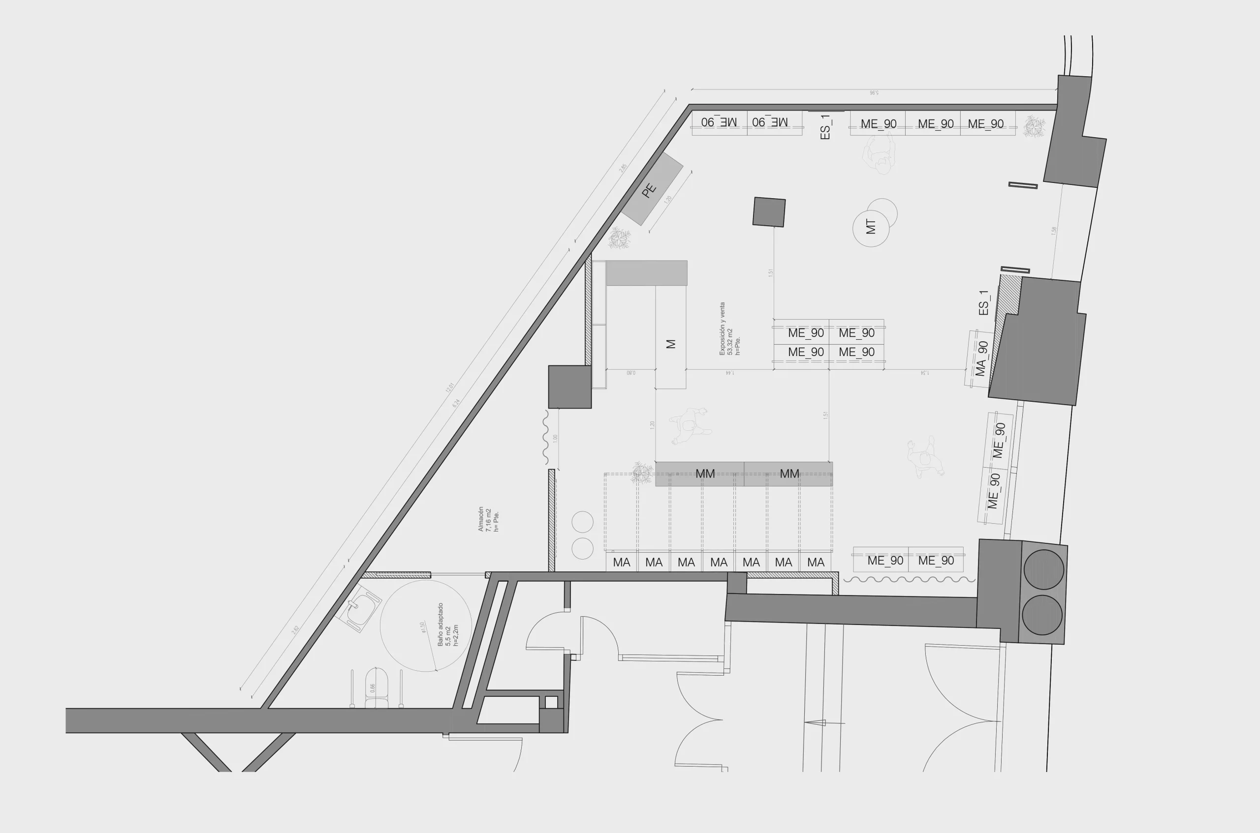 Plano en planta de una tienda Singularu con zona de exposición y venta, almacén y baño adaptado