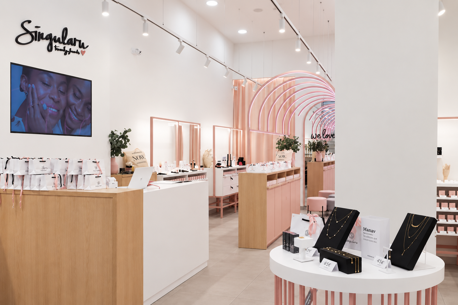 Interior de Singularu con arcos rosas luminosos, mostrador de roble y expositor circular con collares