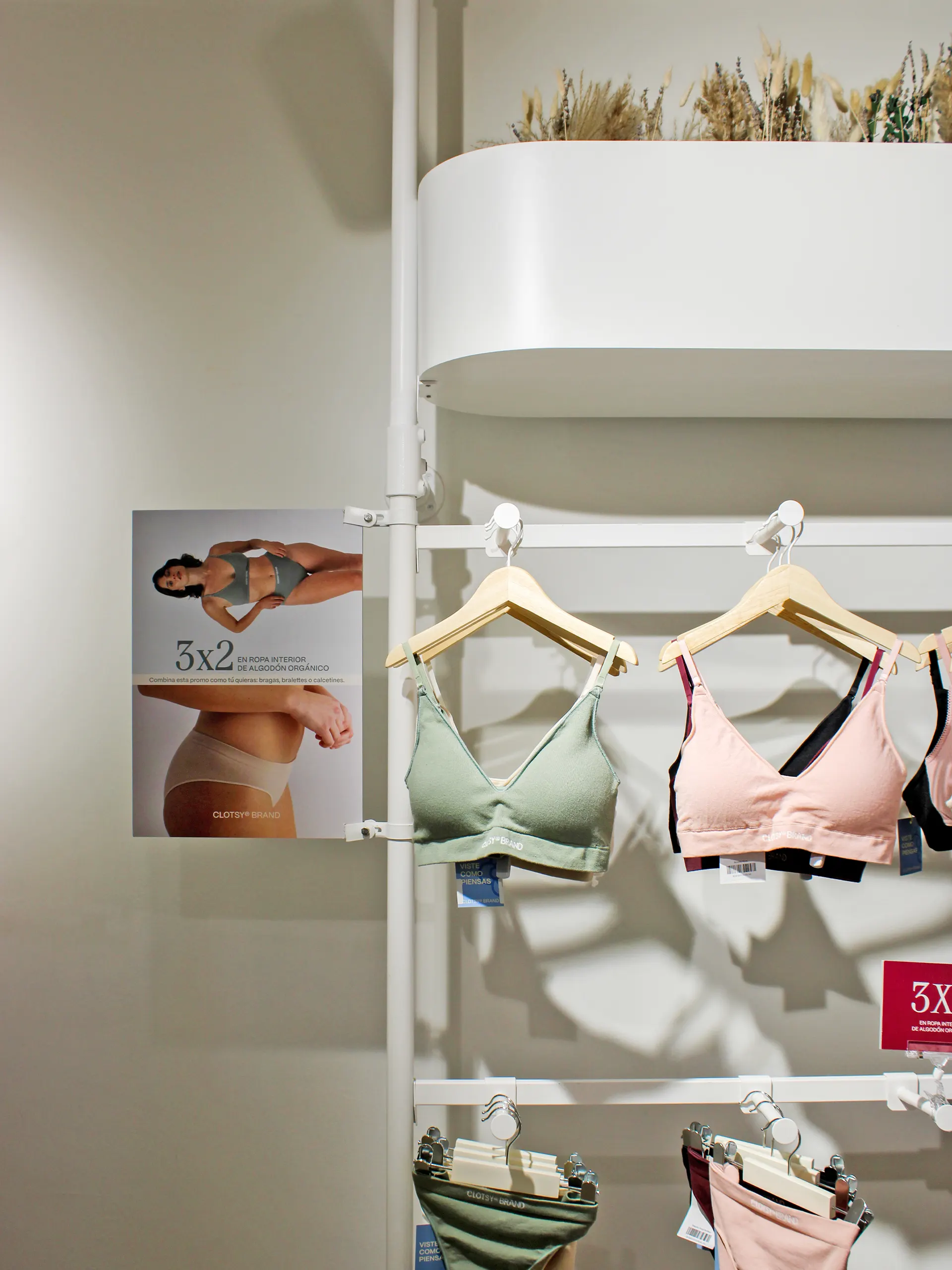Expositor blanco con jardinera de flores secas, bralettes colgados en perchas de madera y cartel de promoción de ropa interior de algodón orgánico