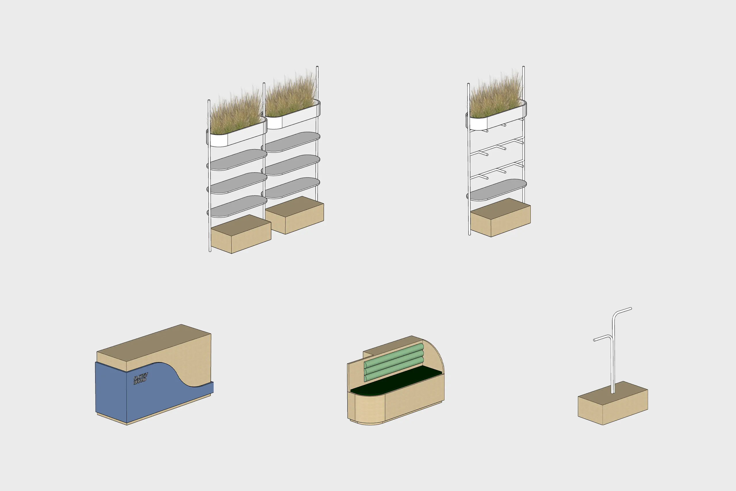 Axonometría del mobiliario de la tienda Clotsy: estanterías blancas con jardineras y peanas de madera, mostrador azul ondulado, banco tapizado y perchero