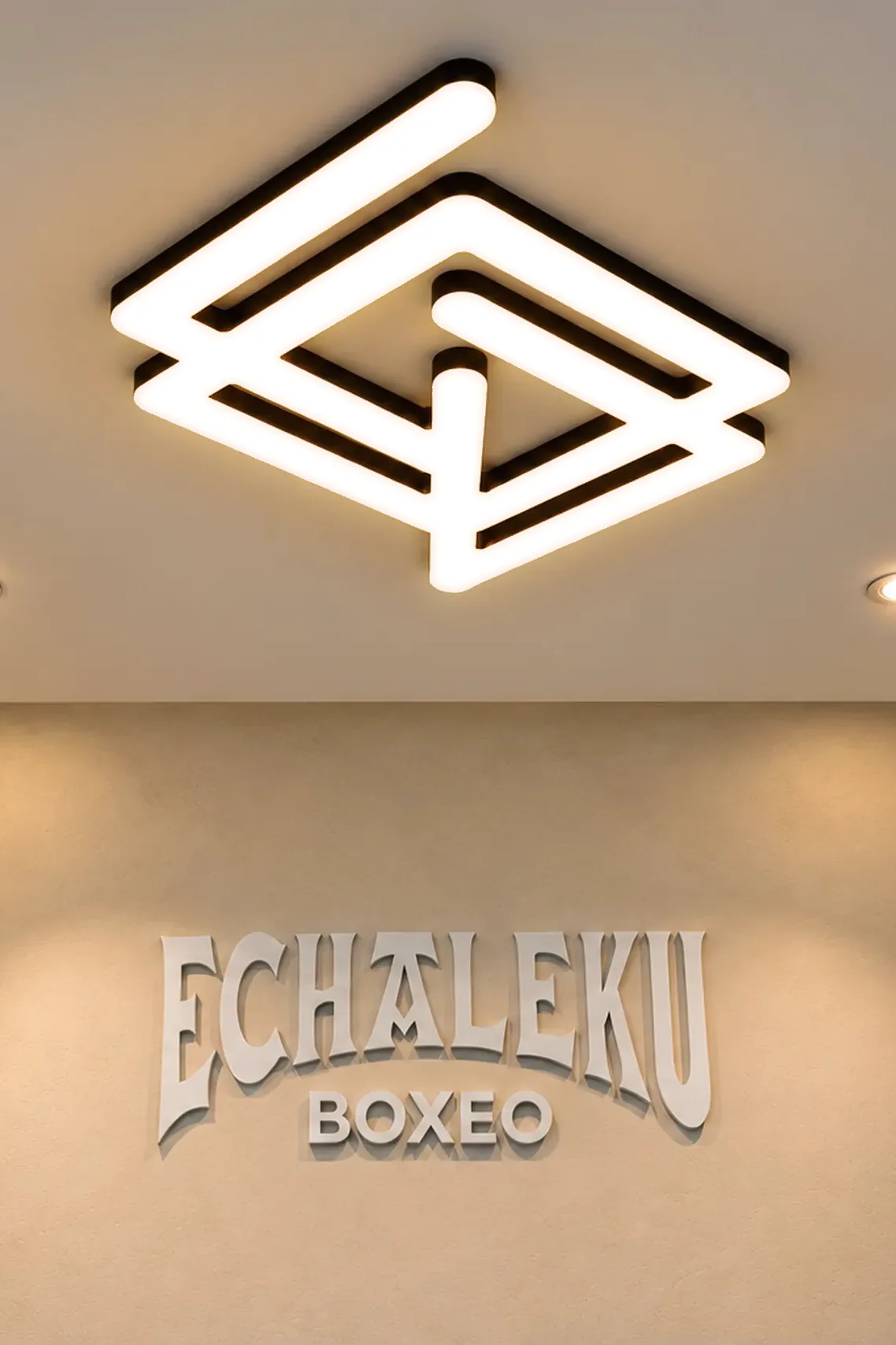 Lámpara de techo con el logotipo de Echaleku Boxeo sobre el rótulo de la pared